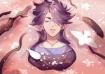  1boy bean_mr12 closed_eyes fengxi_(the_legend_of_luoxiaohei) flower hair_over_one_eye long_hair parted_lips petals pointy_ears purple_hair solo the_legend_of_luo_xiaohei torn_clothes upper_body white_bird 