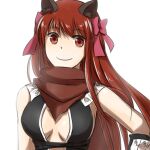  1girl animal_ears armor assassin_cross_(ragnarok_online) bangs black_gloves black_leotard bow breasts cat_ears closed_mouth commentary_request elbow_gloves eyebrows_visible_through_hair gloves hair_bow leotard long_hair looking_at_viewer medium_breasts natsuya_(kuttuki) pauldrons pink_bow ragnarok_online red_eyes red_scarf redhead revealing_clothes scarf shoulder_armor simple_background smile solo upper_body vambraces white_background 
