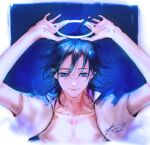  1boy arms_up bangs bare_arms blue_background blue_eyes blue_hair blue_theme collared_shirt halo holding_halo looking_at_viewer male_focus manami_sangaku medium_hair open_clothes open_shirt shirt short_sleeves signature smile solo upper_body yooani yowamushi_pedal 