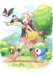  1girl :d beanie bidoof black_legwear black_shirt boots bracelet bush commentary_request day eyelashes from_side grass grey_eyes hat highres hikari_(pokemon) jewelry ndnd_ysys open_mouth outdoors outstretched_arm over-kneehighs pink_footwear pink_skirt piplup pointing pokemon pokemon_(creature) pokemon_(game) pokemon_dppt scarf shirt skirt sleeveless sleeveless_shirt smile standing starly thigh-highs tongue tree white_headwear 