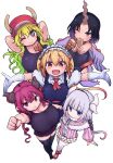  5girls ascot bangs baseball_cap beads black_hair black_shirt black_tank_top blonde_hair blue_eyes blunt_bangs breasts capelet child cool-kyou_shinja dragon_girl dragon_horns dragon_tail elbow_gloves elma_(maidragon) frilled_capelet frills gloves gradient_hair hair_beads hair_ornament hairband hat highres horns horns_through_headwear huge_breasts ilulu_(maidragon) kanna_kamui kobayashi-san_chi_no_maidragon large_breasts large_tail leotard leotard_under_clothes light_purple_hair long_hair low_twintails lucoa_(maidragon) maid maid_headdress multicolored_hair multiple_girls one_eye_closed orange_eyes orange_hair pink_eyes pink_hair pink_headwear pointy_ears puffy_short_sleeves puffy_sleeves shirt short_sleeves shortstack single_horn slit_pupils tail tank_top tohru_(maidragon) twintails unusually_open_eyes white_gloves white_legwear yellow_pupils 