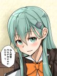  1girl blush bow bowtie brown_cardigan brown_jacket cardigan commentary_request eyebrows_visible_through_hair green_eyes green_hair hair_ornament hairclip jacket kantai_collection long_hair looking_at_viewer notebook open_mouth orange_bow orange_bowtie partial_commentary solo suzuya_(kancolle) takasugi_heppu translation_request upper_body 