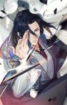  1boy bean_mr12 black_eyes black_hair chinese_clothes chromatic_aberration hair_over_one_eye hand_up highres long_hair rope serious signature solo sparks the_legend_of_luo_xiaohei wuxian_(the_legend_of_luoxiaohei) 