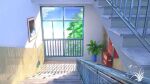  artist_name chinese_commentary clouds commentary_request day flower_pot no_humans original painting plant railing scenery shade sign sky stairs sunlight window xingzhi_lv 