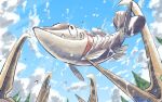  arrokuda black_eyes closed_mouth clouds commentary_request cramorant day fang fish mukiguri no_humans outdoors pokemon pokemon_(creature) sky smile water_drop 