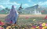  1boy ahoge blue_sky castle clouds elsa_(g557744) fate/grand_order fate_(series) field flower flower_field from_behind long_hair mage_staff merlin_(fate) mountain petals sky solo white_hair wide_sleeves 