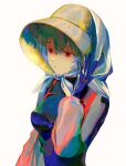  1girl ayanami_rei bangs black_bodysuit blue_hair bodysuit evangelion:_3.0+1.0_thrice_upon_a_time expressionless hand_up hat highres ineuoy neon_genesis_evangelion plugsuit rebuild_of_evangelion red_eyes shadow short_hair simple_background solo white_background 