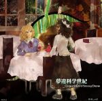  2girls album_cover_redraw bamboo bamboo_forest black_headwear blonde_hair blue_eyes book bow brown_hair chair changeability_of_strange_dream cup derivative_work doll drinking_glass forest from_behind full_body gap_(touhou) hat hat_bow highres holding holding_book idkrn looking_at_another maribel_hearn multiple_girls nature smile standing table talisman touhou usami_renko white_bow window wine_glass 