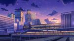  artist_name building cable city cityscape clouds commentary english_text eru_(erutwd) evening highres light no_humans original scenery shinjuku_(tokyo) star_(sky) tokyo_(city) train_station twilight 