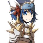  1girl armor bangs bikini_armor blue_eyes blue_hair bow closed_mouth commentary_request hair_bow helmet looking_at_viewer looking_to_the_side natsuya_(kuttuki) pauldrons ragnarok_online red_bow rune_knight_(ragnarok_online) short_hair shoulder_armor simple_background smile solo spiked_pauldrons upper_body white_background winged_helmet 