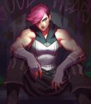  1girl absurdres arcane:_league_of_legends background_text bare_arms biceps facial_tattoo highres hood hoodie jeremy_anninos league_of_legends muscular muscular_female pants pink_hair short_hair sitting sleeveless tattoo vi_(league_of_legends) wrist_wrap 