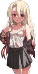 1girl absurdres blonde_hair blush eyebrows_visible_through_hair fate/kaleid_liner_prisma_illya fate_(series) highres hot illyasviel_von_einzbern long_hair open_mouth pleated_skirt red_eyes removing_jacket school_uniform see-through simple_background skirt solo sweat tank_top torriet white_background