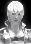  1boy bare_pectorals character_name closed_mouth coat collarbone dante_(devil_may_cry) devil_may_cry_(series) devil_may_cry_3 greyscale hair_between_eyes looking_at_viewer male_focus monochrome open_clothes open_coat pectorals solo talgi upper_body 