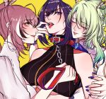 3girls brown_hair ceres_fauna closed_eyes from_side highres hololive hololive_english leash leash_pull multiple_girls nail_polish nanashi_mumei notziegler ouro_kronii smile tongue tongue_out virtual_youtuber yellow_background yuri
