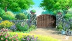  artist_name bucket bush chinese_commentary clouds commentary_request day flower flower_pot gate grass highres nature no_humans original path plant scenery sky tree wall watering_can xingzhi_lv 