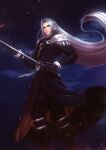  1boy black_coat black_gloves black_pants blue_eyes closed_mouth coat final_fantasy final_fantasy_vii floating_hair gloves hair_intakes highres holding holding_sword holding_weapon long_hair male_focus night outdoors pants sephiroth silver_hair solo sword vervainvanity very_long_hair weapon 