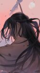  1boy bean_mr12 black_hair commentary_request flag long_hair moon pink_sky profile serious solo the_legend_of_luo_xiaohei upper_body wuxian_(the_legend_of_luoxiaohei) 
