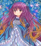  1girl blonde_hair blue_background blue_dress blush cape center_frills closed_mouth dress eyebrows_visible_through_hair floral_background frilled_sleeves frills gradient_hair hijiri_byakuren layered_dress long_hair long_sleeves looking_at_viewer marker_(medium) multicolored_hair orange_eyes purple_hair red_cape rui_(sugar3) sample smile solo touhou traditional_media wide_sleeves 