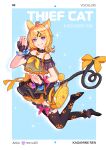  1girl absurdres ahoge animal_bag animal_ear_fluff animal_ear_legwear animal_ears ankle_cuffs artist_name bag bangs bare_shoulders bell black_legwear black_skirt blonde_hair blue_background blue_eyes blue_ribbon border bow cat_bag cat_ear_legwear cat_ears cat_girl cat_tail character_name choker drop_shadow english_commentary english_text fang floral_print food frilled_choker frills fruit full_body grin hair_ornament hairclip hee_suu highres jingle_bell jumping kagamine_rin leg_garter midriff neck_bell neckerchief no_shoes off-shoulder_shirt off_shoulder orange_(fruit) orange_bow orange_slice outside_border paw_pose paw_print_soles petticoat pink_nails pink_ribbon pleated_skirt print_legwear print_skirt ribbon shirt short_hair shoulder_bag skirt smile solo sparkle tail tail_bow tail_ornament themed_object thigh-highs vocaloid wrist_cuffs wrist_ribbon yellow_bow yellow_neckerchief 