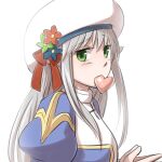  1girl bangs blue_dress blue_flower bow breasts commentary_request cross dress eyebrows_visible_through_hair flower green_eyes grey_hair hat hat_bow hat_flower heart heart_in_mouth high_priest_(ragnarok_online) juliet_sleeves long_hair long_sleeves looking_at_viewer looking_to_the_side medium_breasts natsuya_(kuttuki) puffy_sleeves ragnarok_online red_bow red_flower simple_background solo two-tone_dress upper_body white_background white_dress white_headwear 