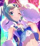 1girl arm_warmers blurry blush buttons choker closed_mouth collarbone commentary_request earrings green_eyes green_hair hair_ornament hand_up highres idol jewelry lisia_(pokemon) looking_at_viewer midriff navel one_eye_closed pokemon pokemon_(game) pokemon_oras sidelocks smile solo yupiteru 