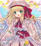  1girl :d blonde_hair blush bow bowtie cape dress eyebrows_visible_through_hair fairy_wings floral_background flower frilled_bow frilled_sleeves frills green_eyes hand_on_own_chest hat hat_bow holding holding_flower lily_white long_sleeves looking_at_viewer marker_(medium) open_mouth petals pink_background pink_flower red_bow red_bowtie rui_(sugar3) sample smile solo touhou traditional_media white_cape white_dress white_headwear wide_sleeves wings yellow_flower 