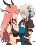  2girls annis_(dungeon_and_fighter) breast_press chaos_(dungeon_and_fighter) dungeon_and_fighter gloves grey_hair hair_ornament hand_on_hip highres knight_(dungeon_and_fighter) multiple_girls pink_hair usamero yellow_eyes yuri 