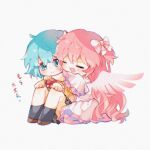  2girls arms_around_neck black_legwear black_skirt blue_eyes blue_hair brown_footwear chibi clenched_hands closed_eyes closed_mouth dress facing_viewer flat_chest grey_background hair_between_eyes hair_ribbon hands_on_own_knees highres hug kaname_madoka kneehighs knees_apart_feet_together light_blush long_hair long_sleeves looking_at_another looking_to_the_side mahou_shoujo_madoka_magica miki_sayaka mitakihara_school_uniform multiple_girls neck_ribbon no_nose on_floor open_mouth pink_hair pink_legwear pink_wings plaid plaid_skirt red_ribbon ribbon school_uniform shoes short_hair side-by-side simple_background sitting skirt smile tearing_up two_side_up very_long_hair wavy_hair white_dress white_ribbon wide_sleeves wings xixizi_kiko 
