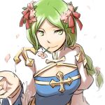  1girl arch_bishop_(ragnarok_online) bangs blue_dress bow braid braided_ponytail breasts cleavage_cutout closed_mouth clothing_cutout commentary_request cross dress eyebrows_visible_through_hair flower flower_in_mouth green_eyes green_hair head_wreath juliet_sleeves long_hair long_sleeves looking_at_viewer medium_breasts natsuya_(kuttuki) petals pink_flower puffy_sleeves ragnarok_online red_bow simple_background smile solo two-tone_dress upper_body white_background white_dress 