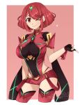  1girl bangs black_gloves breasts chest_jewel earrings fingerless_gloves gloves highres jewelry large_breasts mitsuchiis pyra_(xenoblade) red_eyes red_legwear red_shorts redhead short_hair short_shorts shorts signature solo swept_bangs thigh-highs tiara xenoblade_chronicles_(series) xenoblade_chronicles_2 