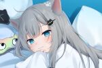  1girl :3 amashiro_natsuki animal_ears aqua_eyes bangs blush cat_ears cat_girl closed_mouth eyebrows_behind_hair eyes_visible_through_hair fingernails grey_hair hair_ornament hairclip head_on_pillow long_hair looking_at_viewer nacho_(amashiro_natsuki) original paw_print pillow shirt sleep_mask sleepwear smile tagme white_shirt 