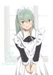  1girl apron black_shirt blush commentary_request dated eyebrows_visible_through_hair green_eyes green_hair highres kantai_collection ld_(luna_dial398) long_hair maid maid_headdress one-hour_drawing_challenge open_mouth shirt signature smile solo suzuya_(kancolle) white_apron 