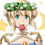  1girl arch_bishop_(ragnarok_online) bangs blonde_hair blue_dress blue_eyes cleavage_cutout closed_mouth clothing_cutout commentary_request crescent_moon cross double_bun dress eyebrows_visible_through_hair head_wreath heart heart_in_mouth juliet_sleeves long_sleeves looking_at_viewer moon natsuya_(kuttuki) puffy_sleeves ragnarok_online short_hair smile solo star_(symbol) two-tone_dress upper_body white_background white_dress 