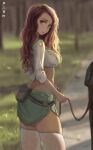 1girl absurdres aqua_eyes belt_pouch blurry blurry_background chinese_commentary commentary_request cowboy_shot forest from_behind green_skirt highres liangzi_tai_hongcha long_hair looking_at_viewer looking_back nature original outdoors parted_lips pouch redhead skindentation skirt solo thigh-highs white_legwear 