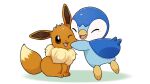  blush closed_eyes commentary_request eevee no_humans official_art open_mouth piplup pokemon pokemon_(creature) project_pochama sitting smile toes tongue white_background 