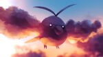  absurdres beak black_eyes blurry closed_mouth clouds commentary flying higa-tsubasa highres no_humans outdoors pokemon pokemon_(creature) sky solo swablu twilight 