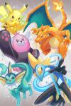  arm_up bewear charizard claws commentary_request electricity fangs fire flame green_eyes highres inteleon mitama_(mokochiko) motion_blur open_mouth pikachu pokemon pokemon_(creature) smile tongue vaporeon 