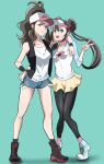  2girls :d absurdres bangs baseball_cap black_legwear black_vest blue_eyes boots brown_hair closed_mouth commentary_request denim denim_shorts double_bun floating_hair green_background hand_on_another&#039;s_waist hand_up hat high_ponytail highres hilda_(pokemon) legwear_under_shorts long_hair multiple_girls muraeaka open_mouth pantyhose pokemon pokemon_(game) pokemon_bw pokemon_bw2 raglan_sleeves rosa_(pokemon) shirt shoes short_shorts shorts sidelocks sleeveless sleeveless_shirt smile sneakers standing teeth tongue twintails upper_teeth v vest visor_cap white_shirt wristband yellow_shorts 