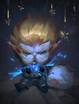  1boy animal arcane:_league_of_legends ball belt black_eyes black_gloves blonde_hair blue_jacket energy facial_hair food gloves grey_eyes heimerdinger heterochromia highres horns jacket league_of_legends long_hair mustache poro_(league_of_legends) sitting solo solraka tongue tongue_out uniform yordle 