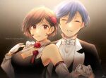  ^_^ after0217 blue_hair brown_eyes brown_hair closed_eyes detached_sleeves flower formal gloves hair_flower hair_ornament highres holding_hands kaito_(vocaloid) meiko miku_symphony_(vocaloid) ribbon rose short_hair sleeveless smile suit vocaloid 