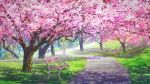 bench cherry_blossoms day english_commentary grass highres lamppost nature no_humans original park path petals plant rkmlady scenery shade tree 