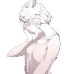  1girl animal_ears avatar_(ffxiv) blush cat_ears closed_mouth commentary_request final_fantasy final_fantasy_xiv from_side greyscale hand_on_own_face highres looking_at_viewer miqo&#039;te monochrome profile short_hair sideways_glance solo suiso_(owp) tank_top upper_body 