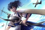  1girl aircraft airplane black_hair blue_hakama blue_sky bow_(weapon) brown_eyes closed_mouth clouds commentary_request cowboy_shot day eyebrows_visible_through_hair flight_deck hakama highres holding japanese_clothes kaga_(kancolle) kantai_collection kimono long_hair military military_vehicle muneate ocean side_ponytail sky solo sunlight utsurogi_noneko weapon white_kimono 