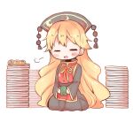  1girl =3 =_= bangs blonde_hair blush blush_stickers chinese_clothes comfy crescent dango dress food green_tea hair_between_eyes happy junko_(touhou) long_hair long_sleeves moon_(ornament) nakukoroni open_mouth plate pom_pom_(clothes) relaxed seiza simple_background sitting smile solo tabard tea textless wagashi white_background wide_sleeves 
