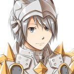 1boy armor bangs breastplate closed_mouth commentary_request grey_eyes grey_hair looking_at_viewer male_focus natsuya_(kuttuki) pauldrons ragnarok_online rune_knight_(ragnarok_online) short_hair shoulder_armor simple_background smile solo spiked_pauldrons upper_body visor_(armor) white_background 