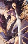  1boy action bean_mr12 fengxi_(the_legend_of_luoxiaohei) hair_over_one_eye highres holding holding_sword holding_weapon long_hair long_sleeves purple_hair shadow signature solo sword the_legend_of_luo_xiaohei upper_body very_long_hair violet_eyes weapon 