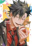  1boy artist_name balloon bangs black_hair black_jacket black_necktie cat collared_shirt confetti cupcake eyebrows_behind_hair food haikyuu!! hair_between_eyes holding holding_food jacket kadeart kuroo_tetsurou looking_at_viewer loose_necktie lower_teeth male_focus necktie open_mouth parted_bangs red_shirt shiny shiny_hair shirt short_hair symbol-only_commentary tabby_cat teeth tongue tongue_out upper_body upper_teeth yellow_eyes 