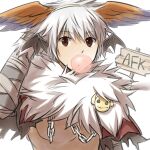  1boy afk bangs bat_wings black_wings blue_wings brown_jacket chain chewing_gum commentary_request eyebrows_visible_through_hair fur_collar head_wings jacket looking_at_viewer male_focus natsuya_(kuttuki) open_mouth orange_wings ragnarok_online shadow_chaser_(ragnarok_online) short_hair shrug_(clothing) smiley_face solo two-tone_wings upper_body white_background white_hair wings 