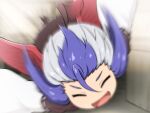  1girl :d blue_hair blurry blurry_background closed_eyes commentary facing_viewer flying motion_blur multicolored_hair shirosato smile solo tokiko_(touhou) touhou two-tone_hair white_hair wide_sleeves wings 