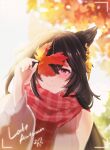  1girl animal_ears autumn_leaves bare_shoulders black_hair blurry blurry_background blush closed_mouth detached_sleeves earrings erune granblue_fantasy hair_over_one_eye highres holding holding_leaf jewelry leaf long_hair nier_(granblue_fantasy) nowherearora outdoors red_eyes red_scarf scarf smile sunlight sweater taking_picture tree wide_sleeves 